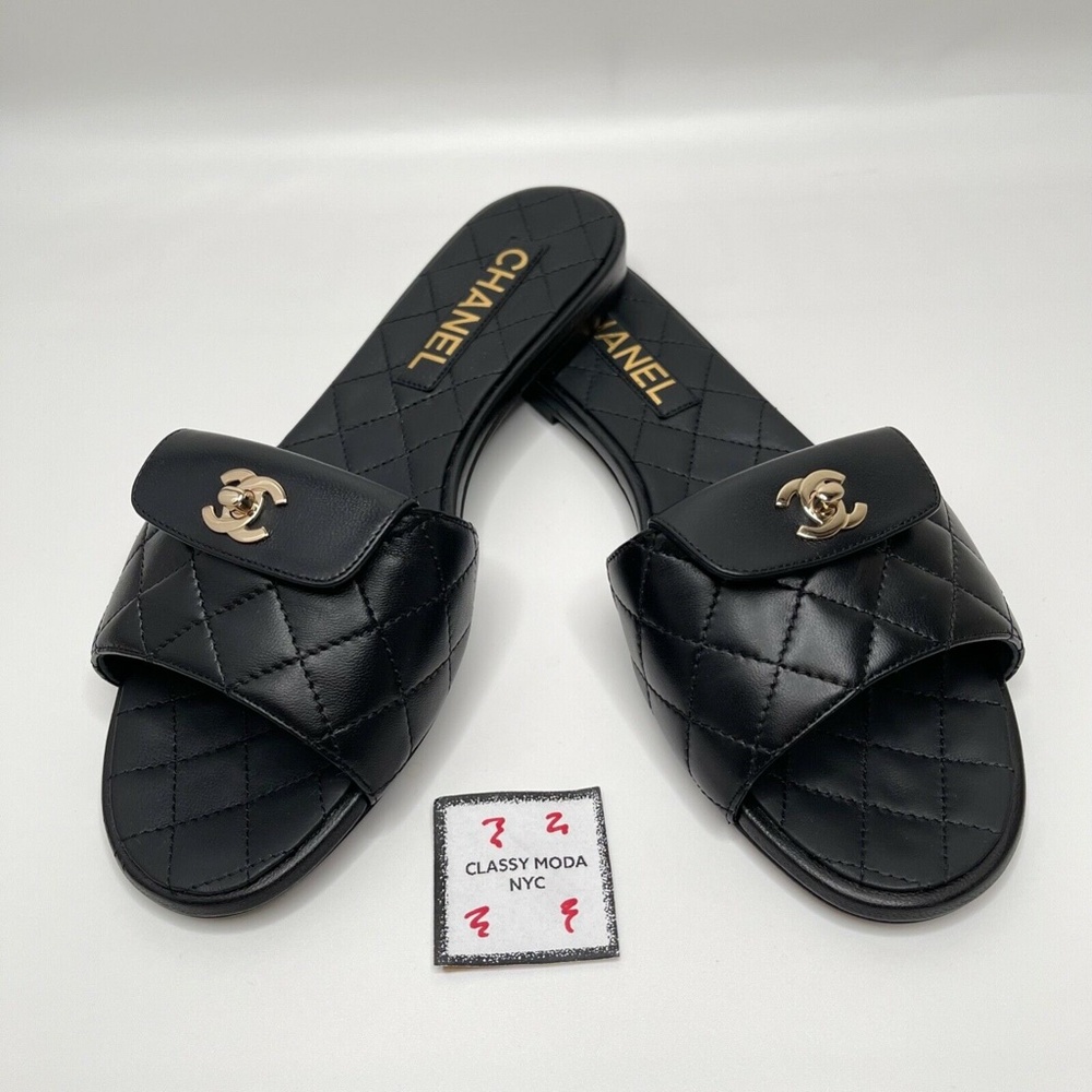 Chanel NIB Black Slides Turnlock Gold CC Logo Quilted Slide Flat Flop Sandals - Picture 2 of 12